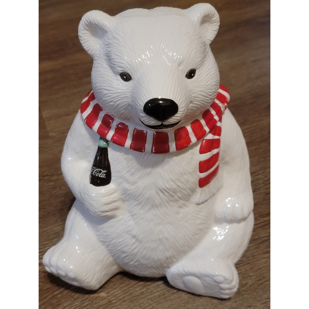 Coca-Cola Polar Bear Cookie Jar with Scarf Collectible Holiday Decor